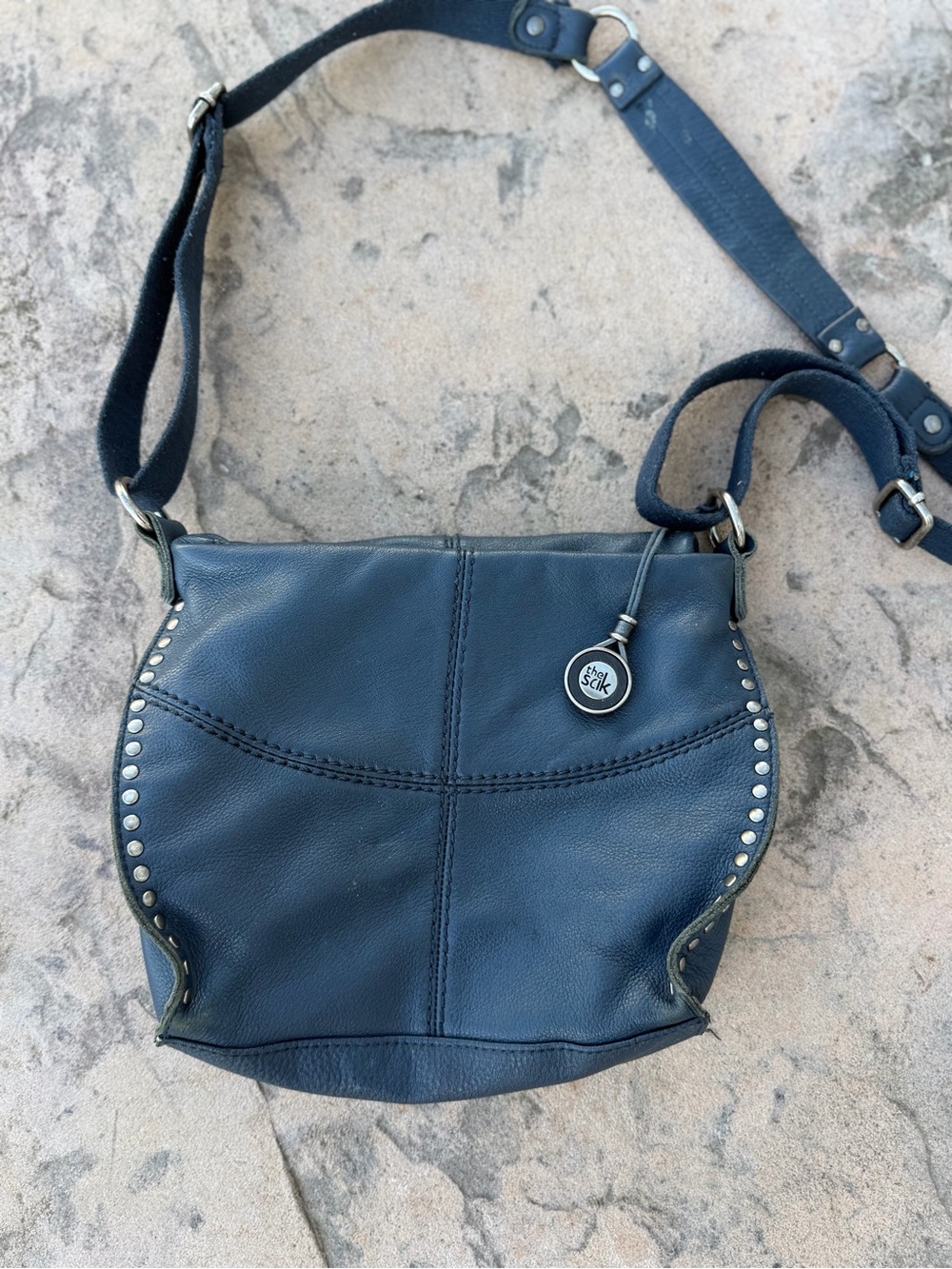 The Sak Navy Blue Leather Crossbody Concealed Carry Style Purse Stud Boho Purse